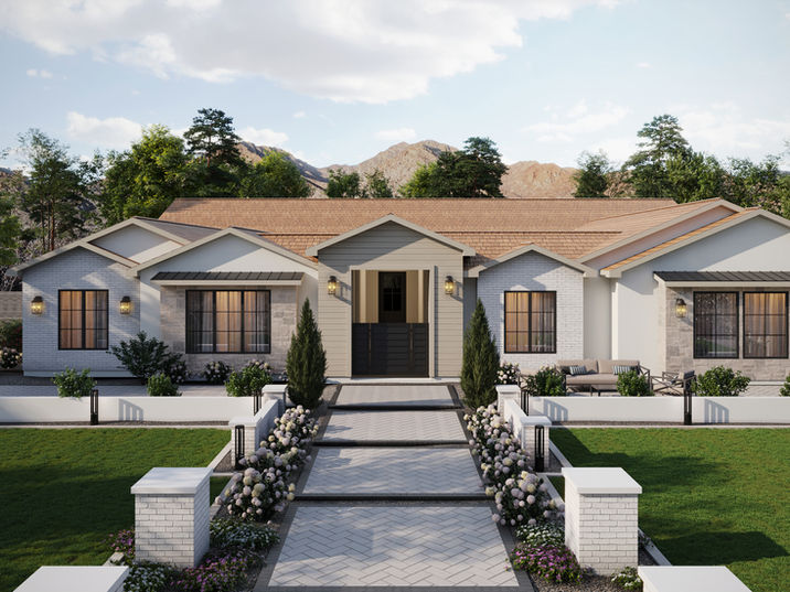 Arizona pre-designed custom home floor plan 4581 — Elevation E2 modern farmhouse white brick and stone exterior