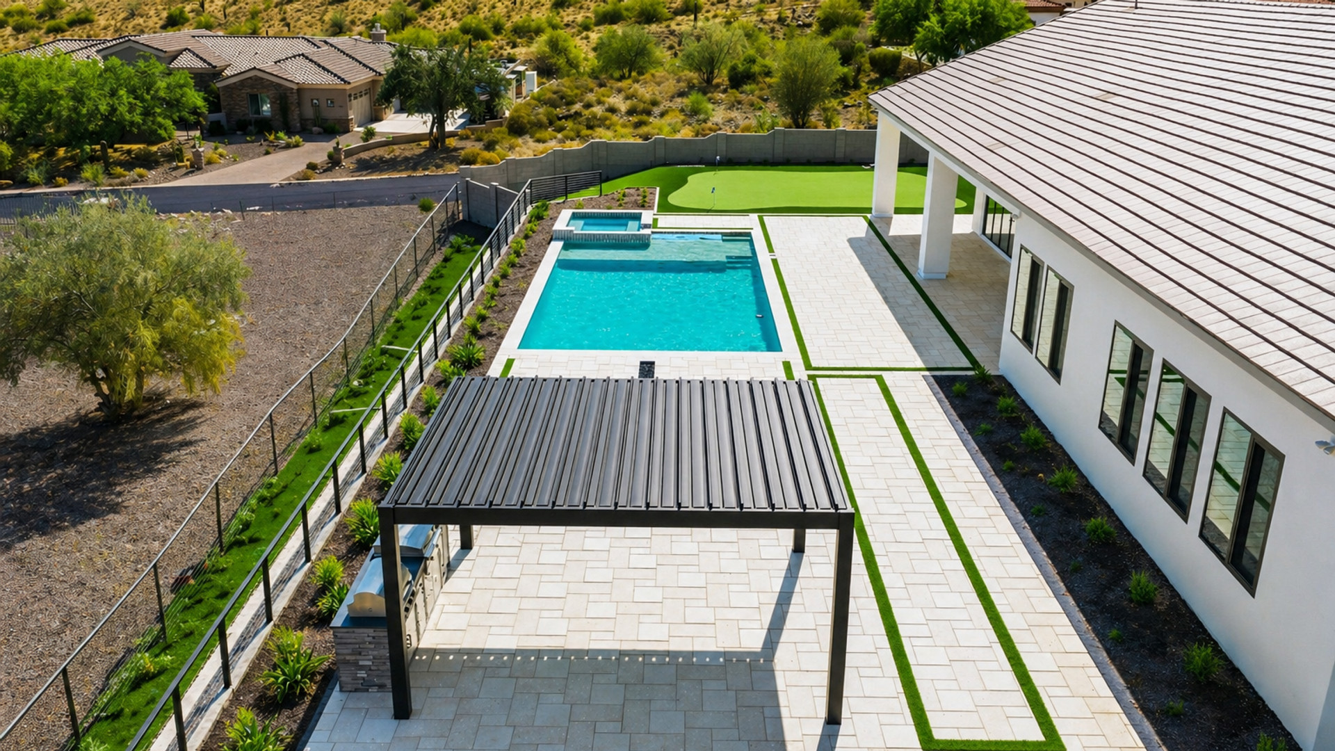 Backyard pergola, pool, and outdoor living