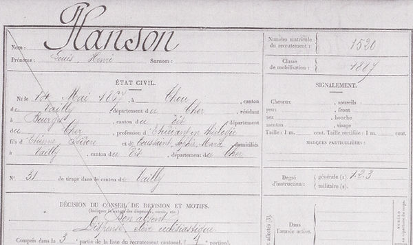 Fiche matricule de Louis Henri Planson . Conseil de révision