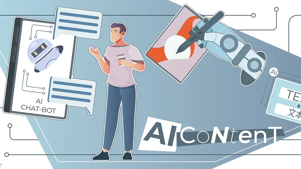 A person holds a coffee, surrounded by AI elements: a chatbot screen, a robotic arm drawing, and the text "AI Content" on a tech-themed blue background.
