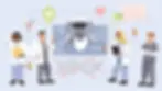 Scientists and a robot interact in a lab. Background shows a DNA strand, medical symbols, and charts on a screen. Mood is collaborative.