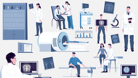 Collage of doctors and patients in a radiology clinic with X-rays, MRI scanner, monitors, microscope, and lab equipment.