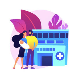 Stylized couple with a baby stands before a blue hospital building with a white cross and purple leaves.