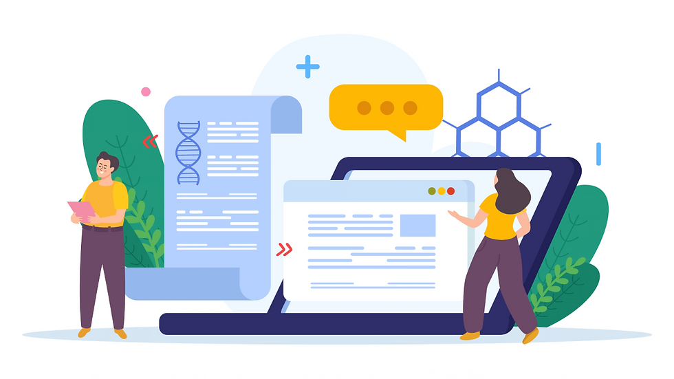 Illustration of two people beside a laptop, DNA document, and chat bubble, suggesting online research or collaboration.