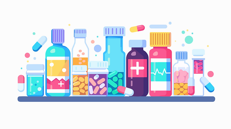 Colorful medicine bottles and pills on a shelf. Labels have symbols like a heart and plus sign. Dots in the background. Mood: vibrant.