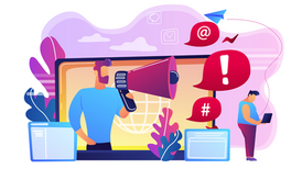 Man holding megaphone emerges from laptop screen, surrounded by chat icons. Another person types on a laptop. Vivid, colorful backdrop.