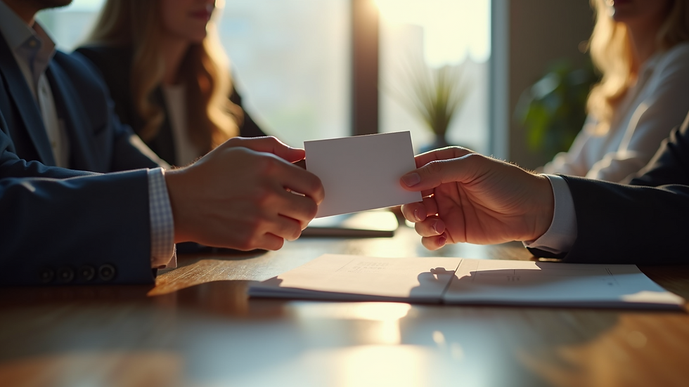 Close-up view of a business card exchange during a matchmaking session