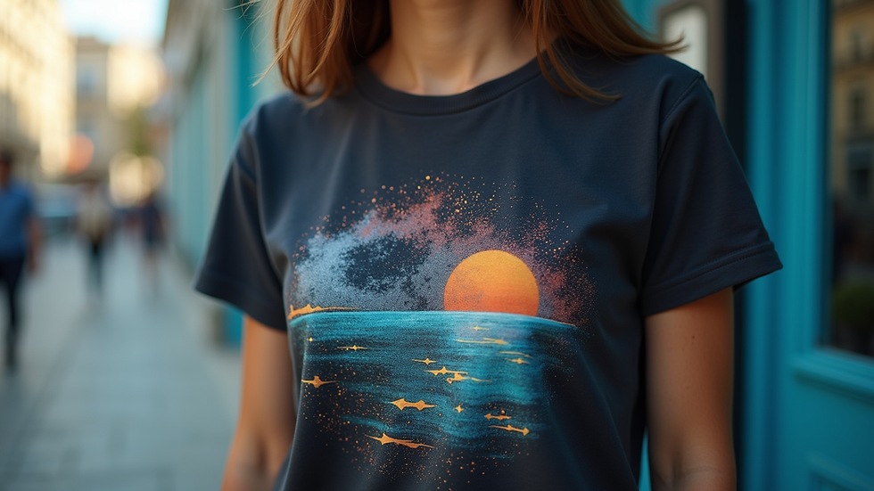Close-up of a graphic t-shirt with a unique design