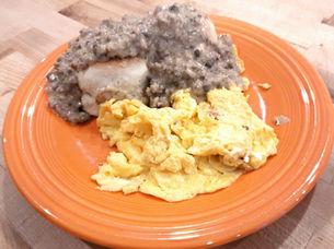 Sausage biscuits and gravy with scrambled eggs