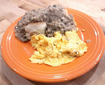 Sausage biscuits and gravy with scrambled eggs.