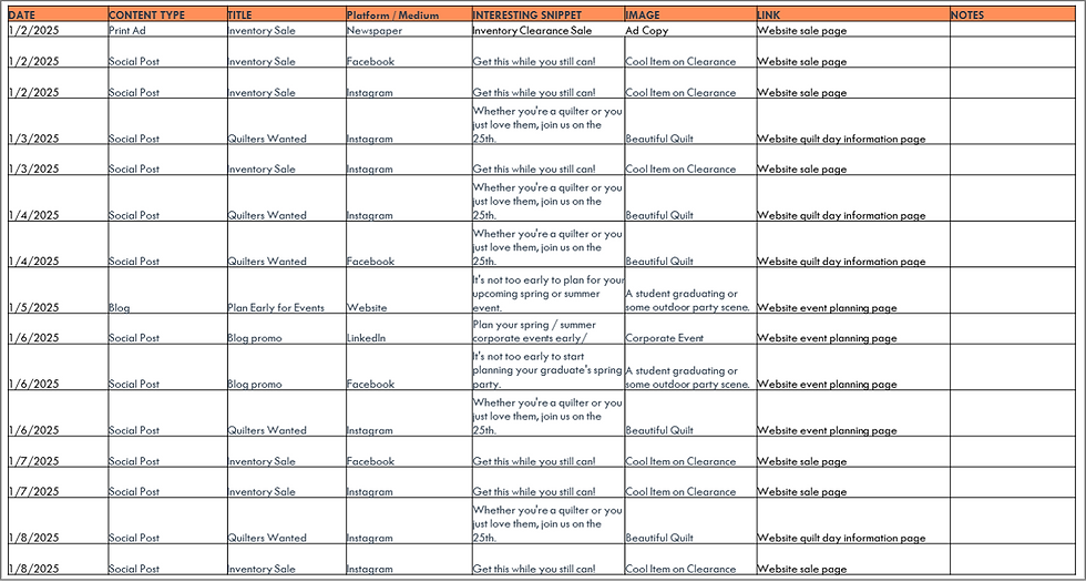 Basic January 2025 content marketing calendar.