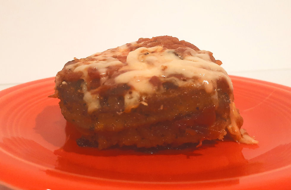 Eggplant Parmesan still steaming from the oven