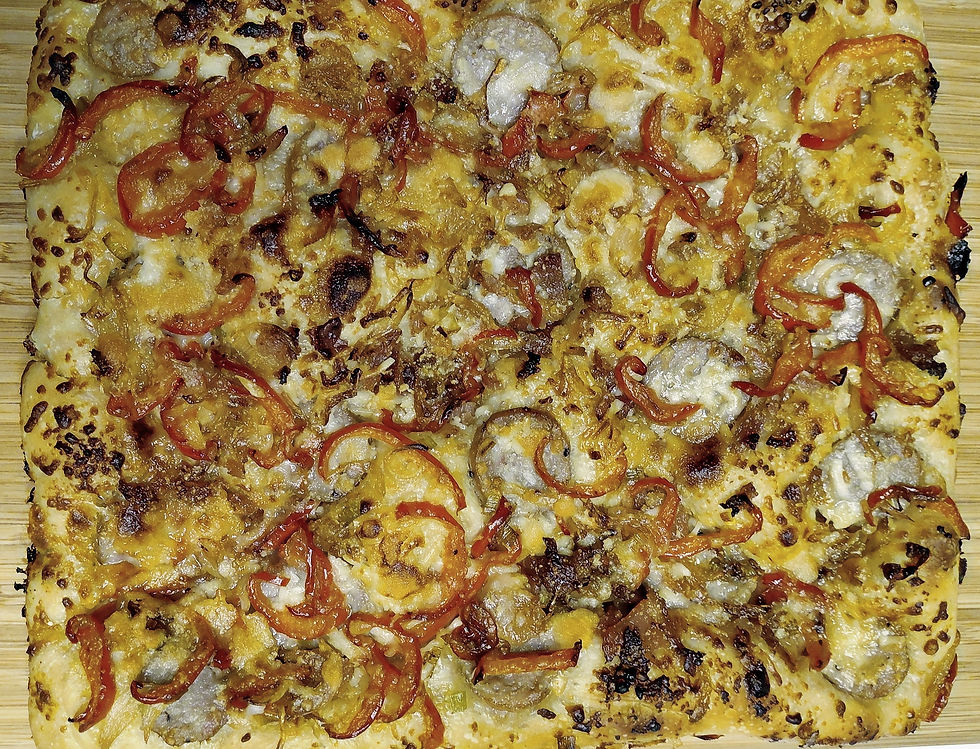 Hot-honey focaccia with Heartstone sweet Italian sausage.