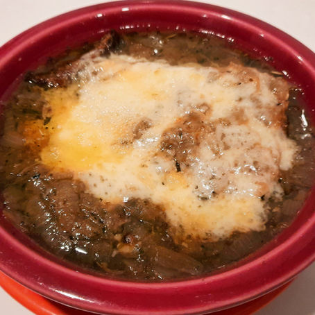 French onion soup Au Gratin with Gruyere, Swiss, and Parmesan