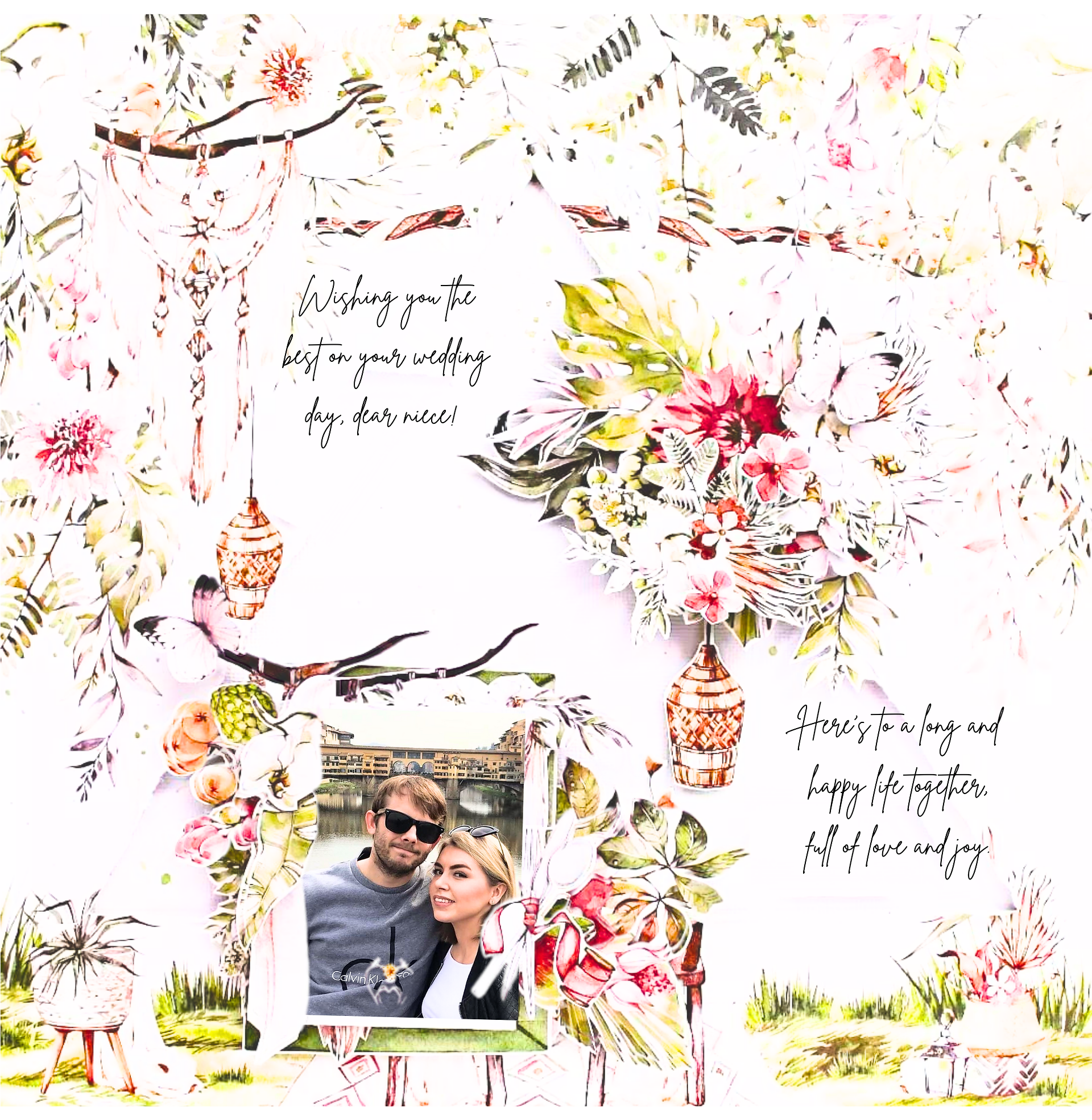 Front Cover of Wedding Card with greetings and couple on floral background