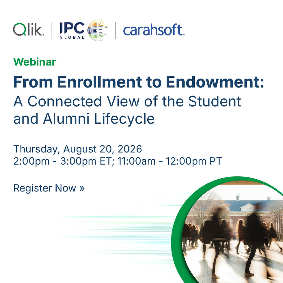 Webinar banner: From Enrollment to Endowment, a webinar by Qlik, IPC Global, and Carahsoft on August 20, 2026.