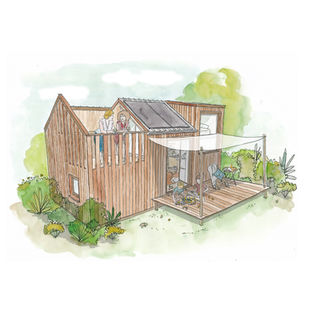 aquarelle cabane forêt chevaux chalet tinyhouse construction bois illustration dessin