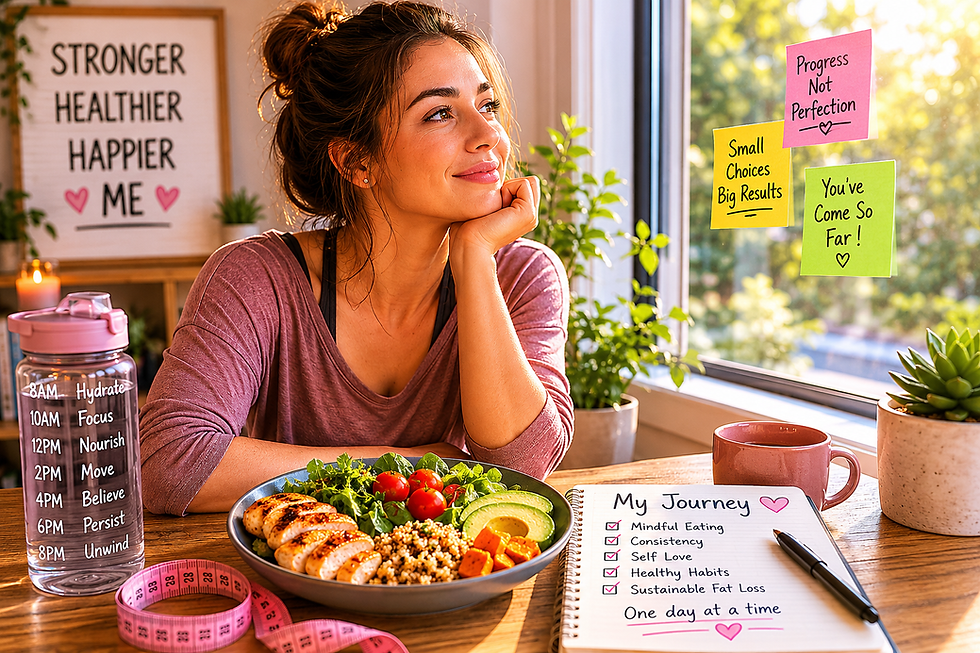 Woman reflecting on her weight loss journey, sitting near a window with a healthy meal, representing mindful eating and sustainable fat loss.,