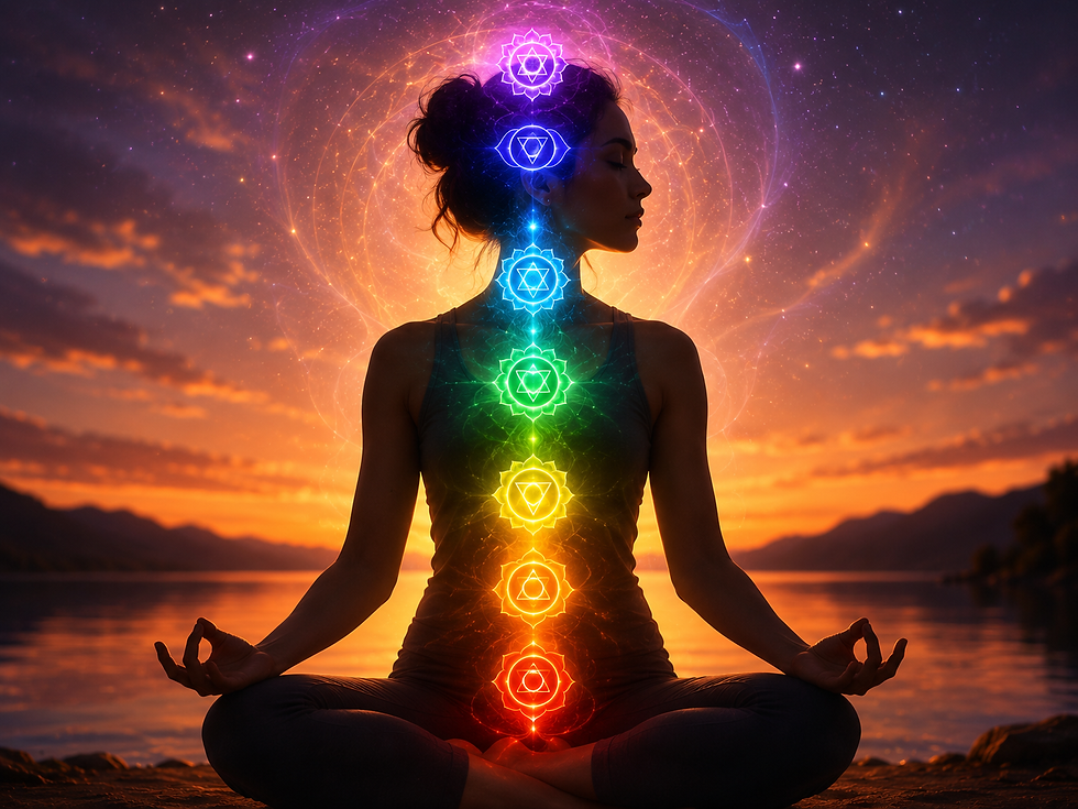Seven glowing chakra energy centres visualised along a woman's silhouette, representing energy flow restoration and chakra healing