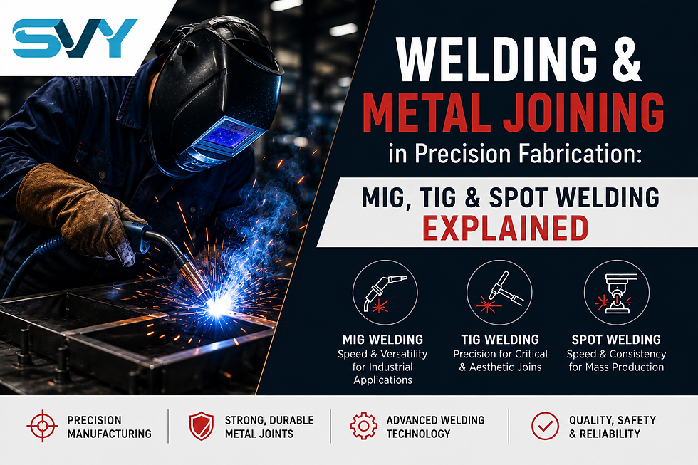 Industrial welder performing MIG welding on precision metal fabrication components with MIG, TIG, and spot welding solutions for sheet metal manufacturing by SVY.
