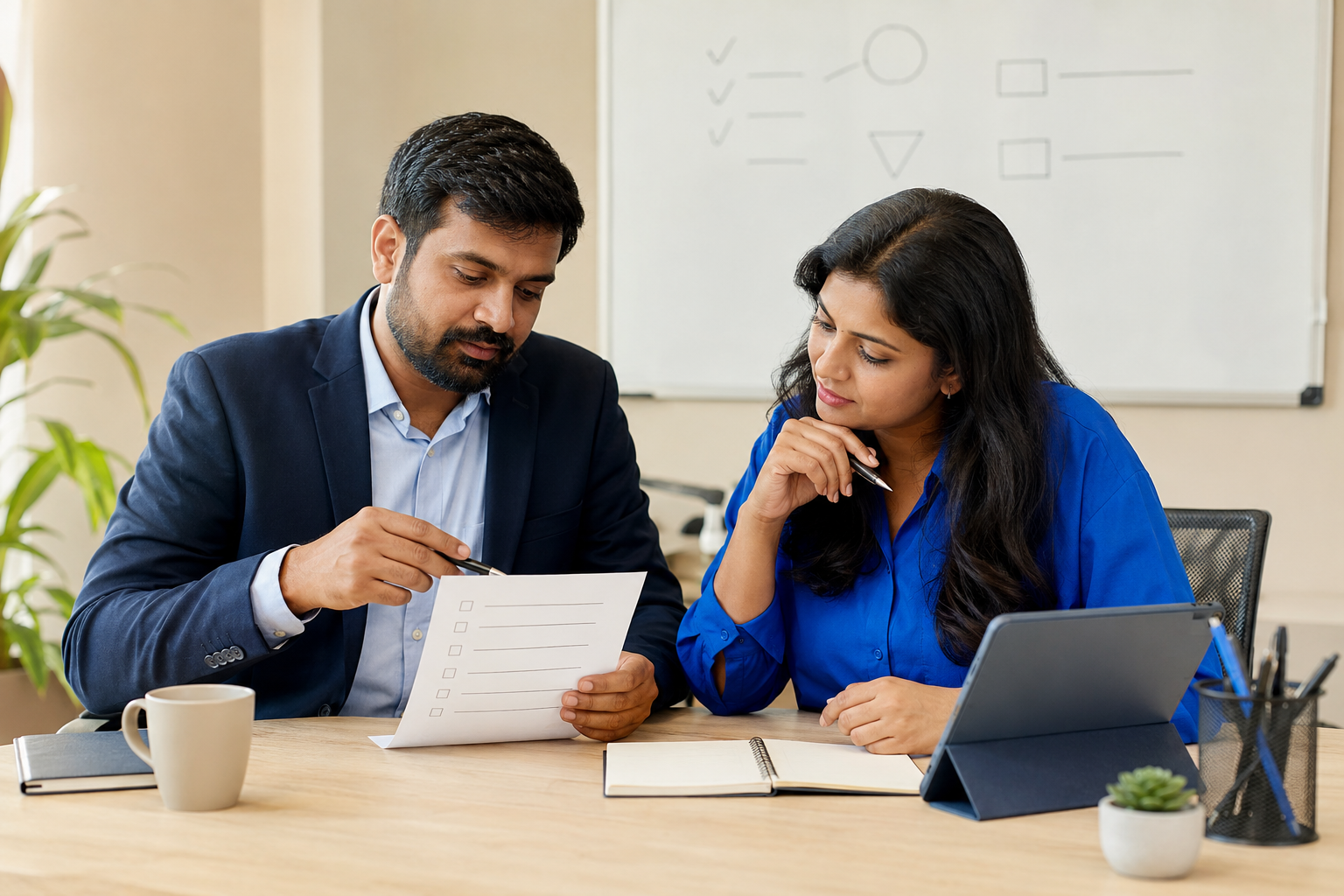 Indian hiring manager and recruiter reviewing a structured vacancy checklist in an office