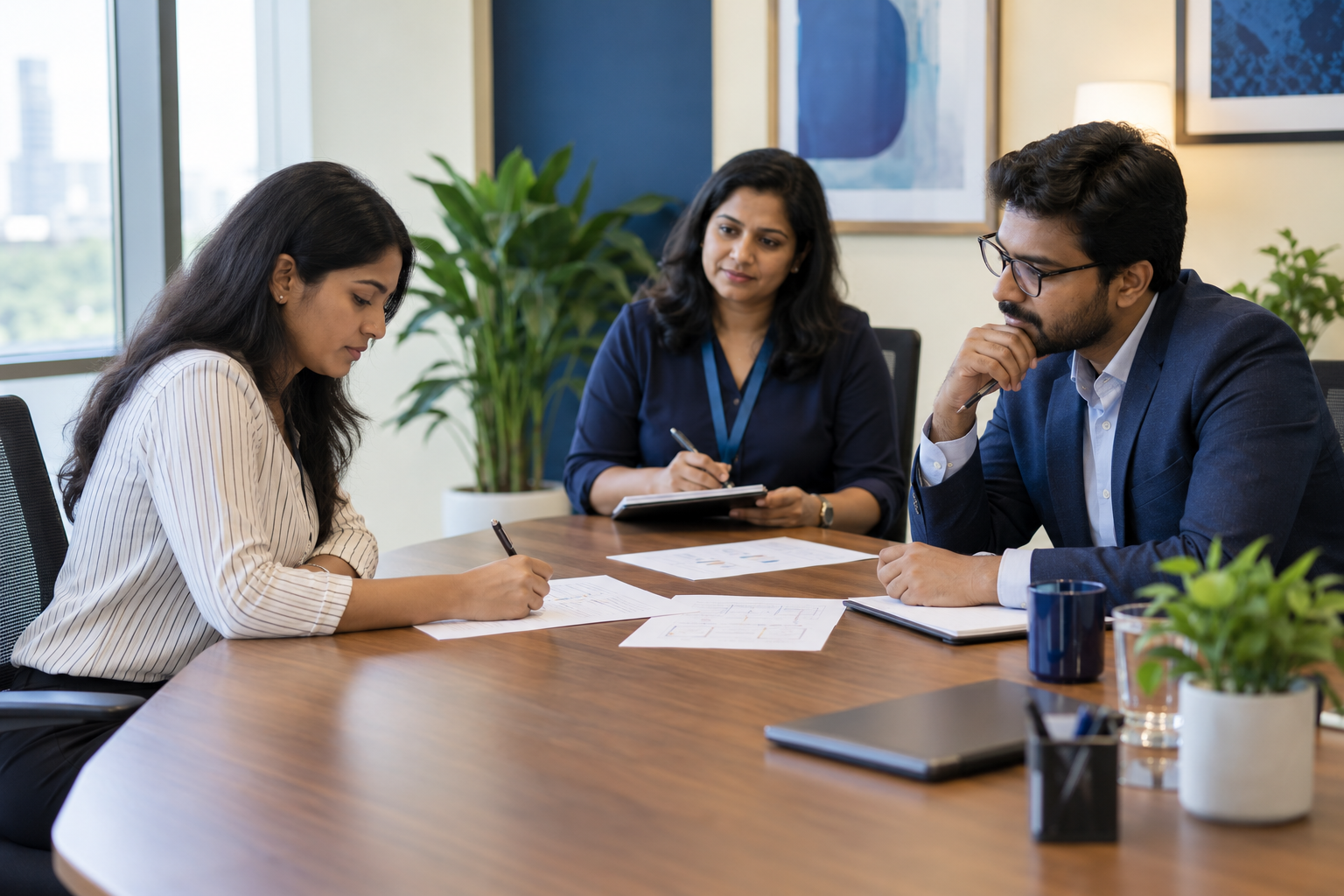 Indian candidate completing a job-related work sample while two hiring professionals observe and take notes