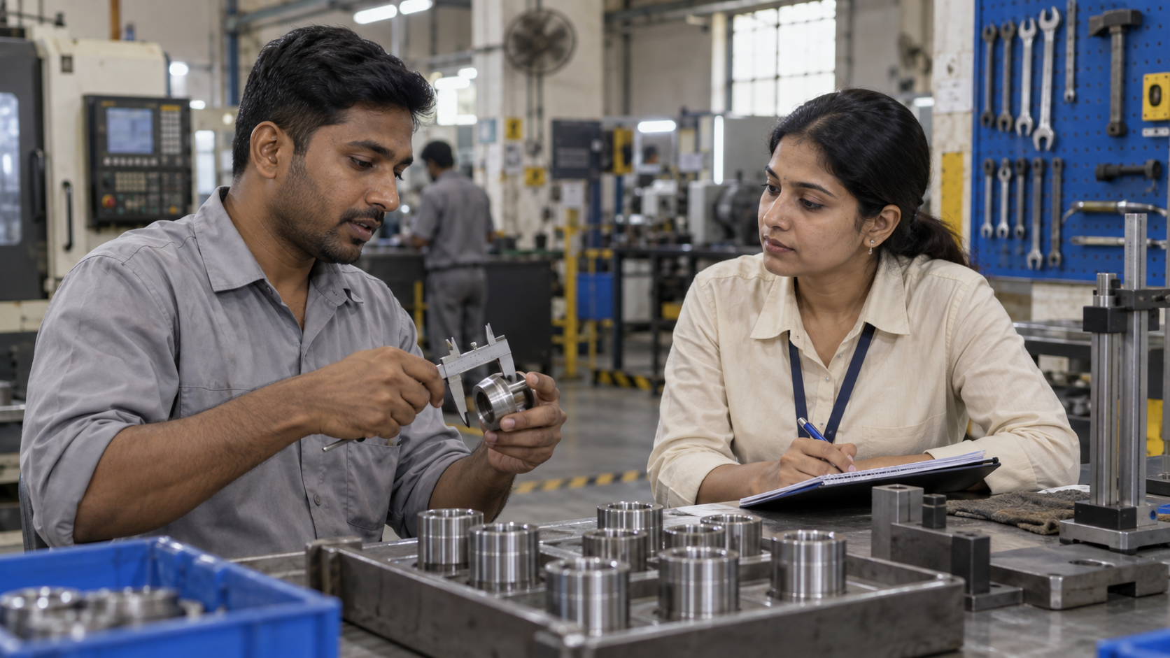 Indian technical candidate demonstrating a measurement task during a structured workplace interview