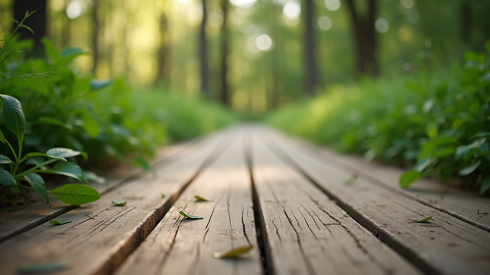Eye-level view of a wooden deck surrounded by greenery