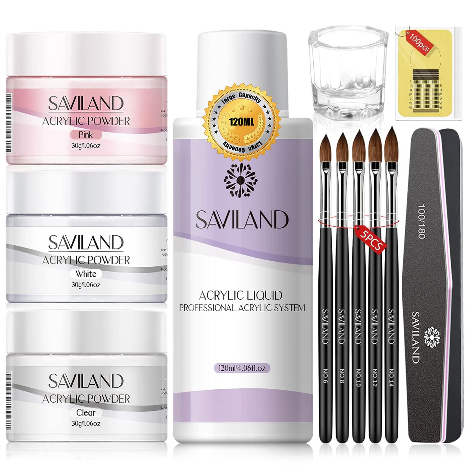 Saviland Acrylic Nail Kit - Big Capacity 30g Clear Pink White Acrylic Powder and