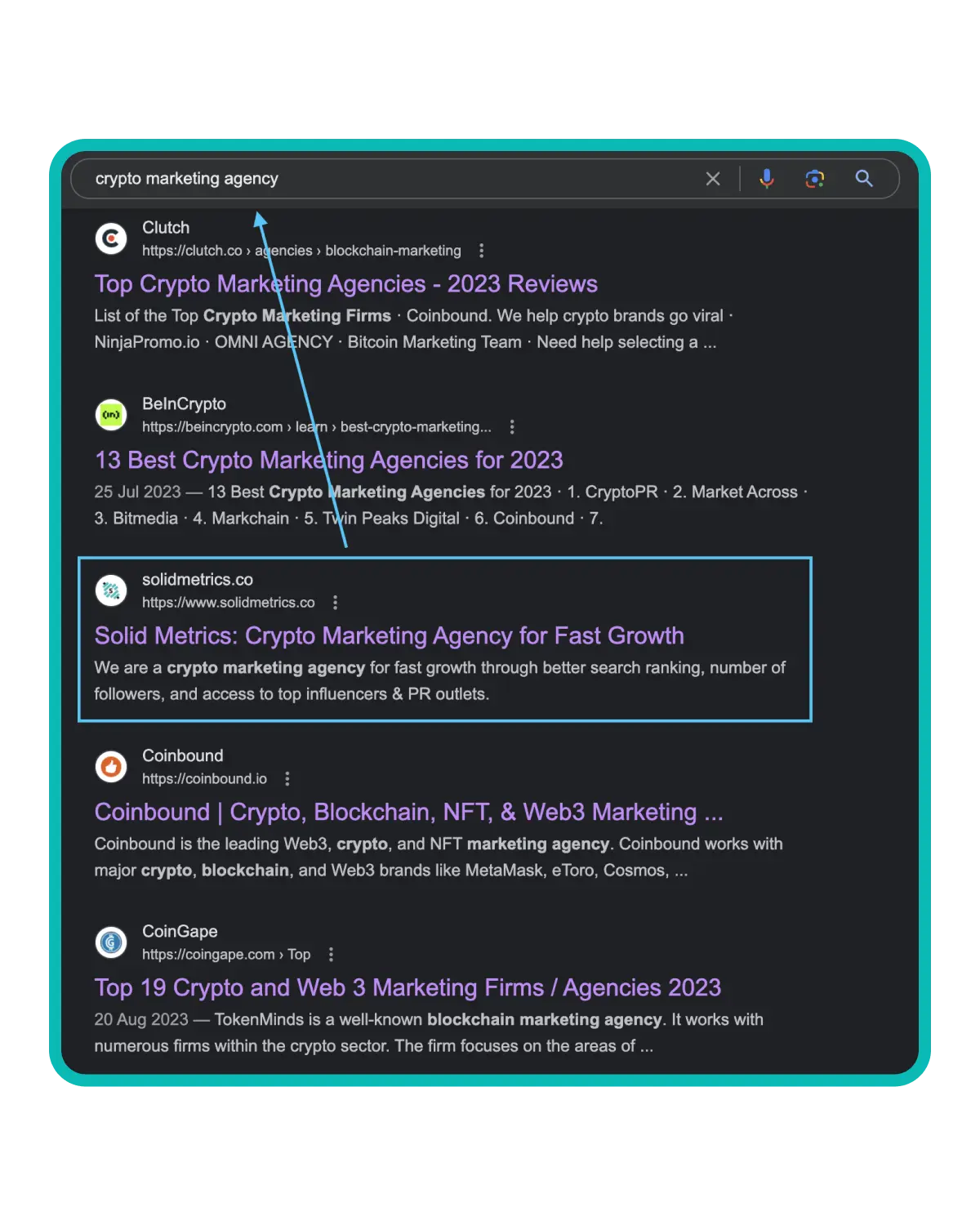 an image of google search result of 'crypto marketing agency'