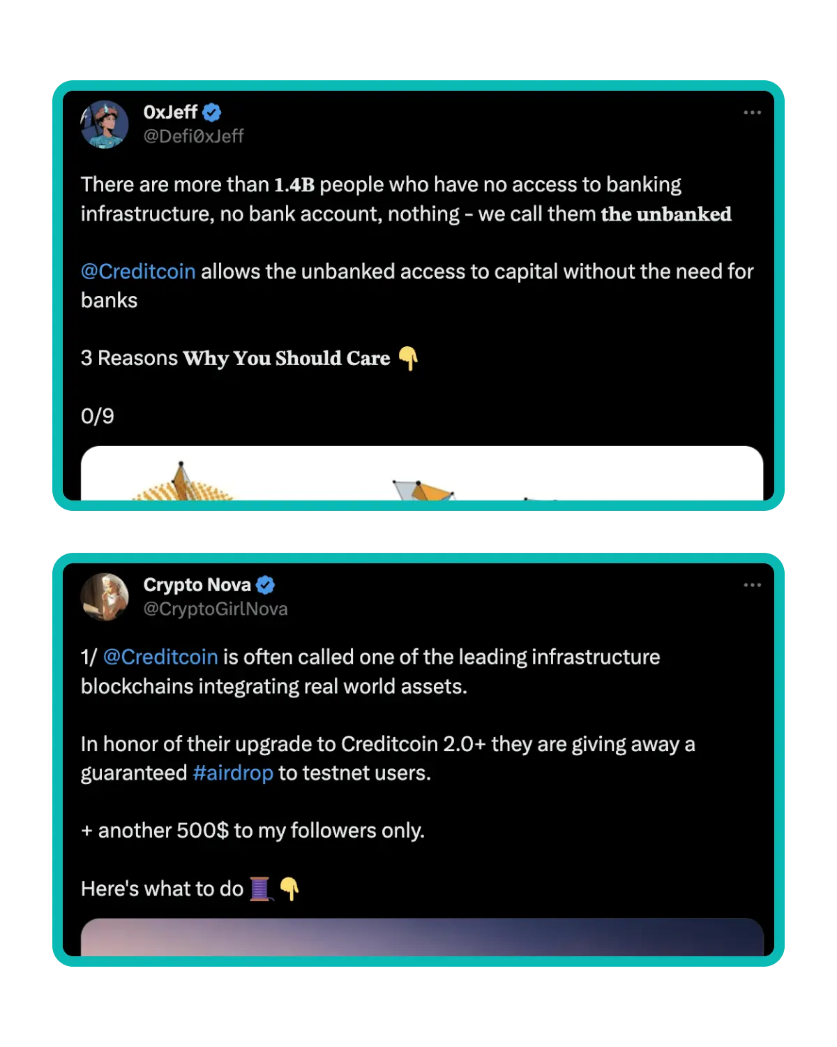 an image showing 2 separate screenshot of influencers with proven track record posting educational content about crypto projects