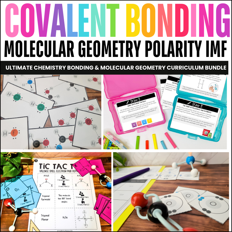 Chemistry bundle with colorful text cards, molecular models, and educational games. Includes titles on covalent bonding and geometry.