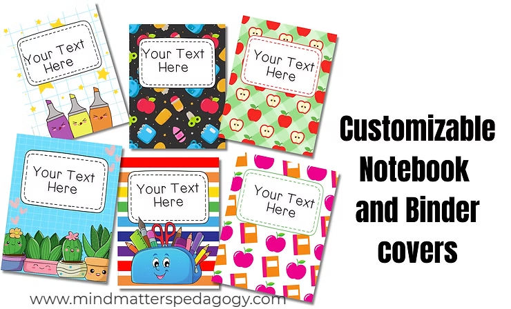 Collage of colorful customizable notebook and binder covers with patterns, each labeled Your Text Here, and bold title.