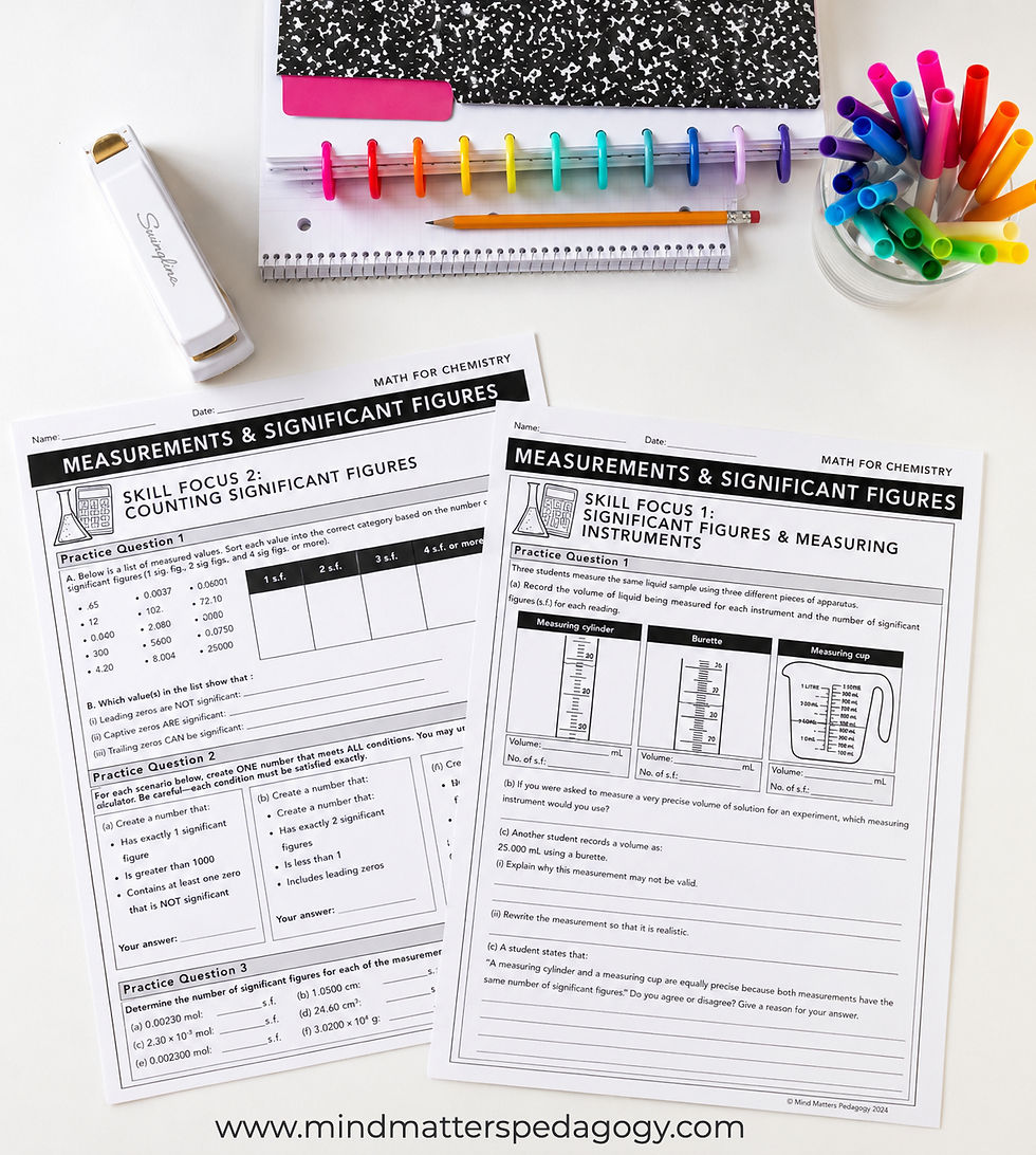 Colorful chemistry math worksheets on significant figures with pens, pencil, notebook, and highlighter on a white desk, mindmatterspedagogy.com