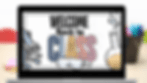 Laptop screen with "WELCOME Back to CLASS," showing a microscope, goggles, and flask. Desk with colorful pens and paper. Bright, welcoming.