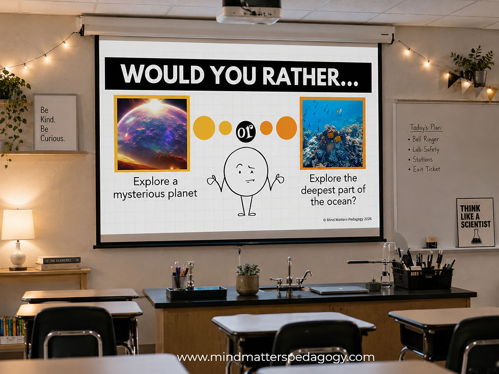 Classroom projector slide reads Would You Rather... with planet vs ocean images; empty desks and a science lab setup.