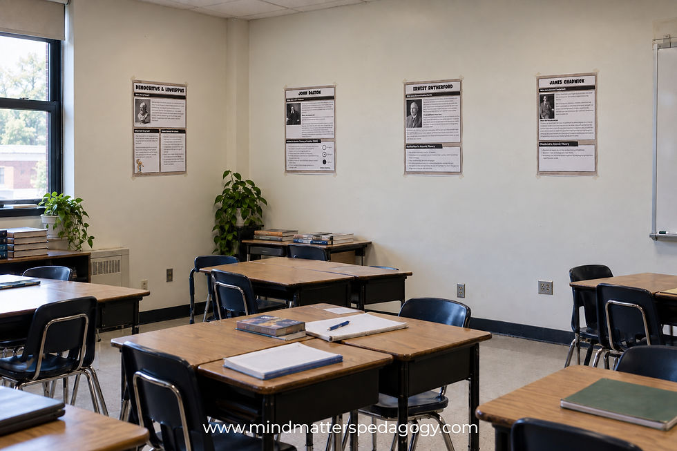 Empty classroom with desks, notebooks, and science posters for Democritus, John Dalton, Ernest Rutherford, and James Chadwick.