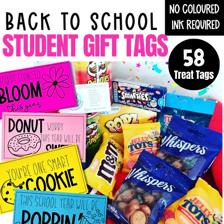 Colorful collage of 58 student treat tags with candy and snack packs; text says NO COLOURED INK REQUIRED and Student Gift Tags.