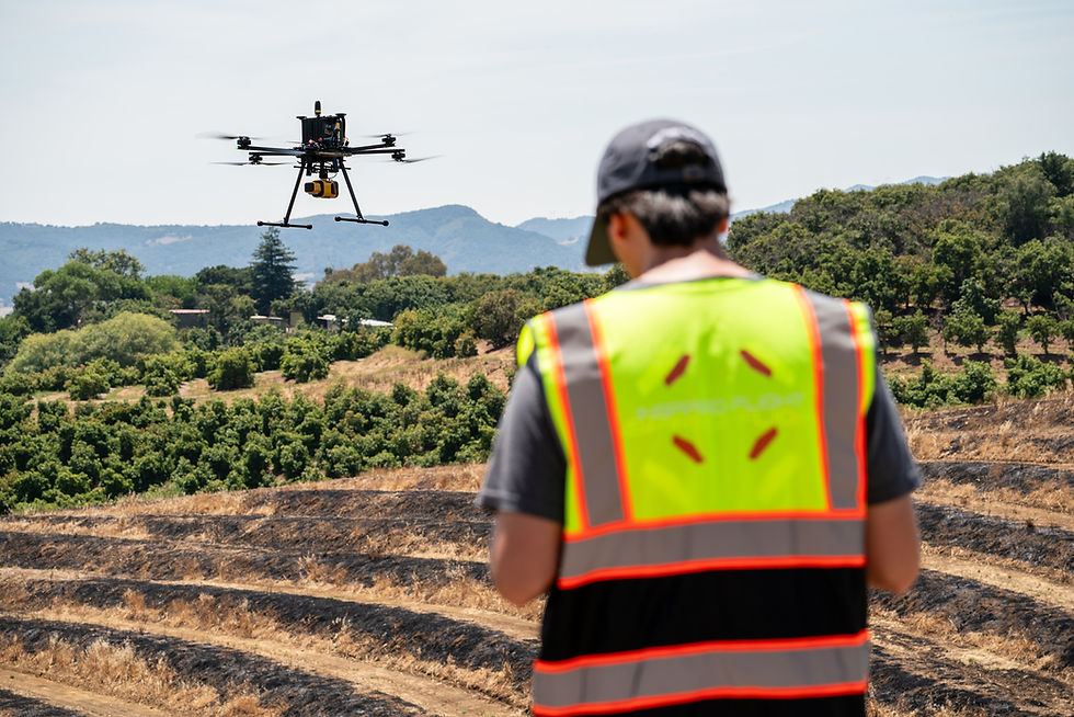 Surveyor operating an IF1200 drone over terraced land
