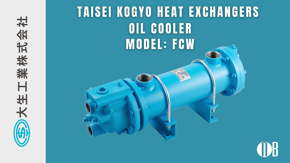 Blue Taisei Kogyo oil cooler, model FCW, against a teal background. Vertical Japanese text on left. Emphasizes industrial design.