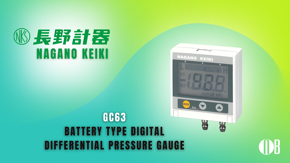 Nagano Keiki GC63 digital pressure gauge on gradient green-blue background. Display shows a reading, with text "Battery Type Digital Differential Pressure Gauge."