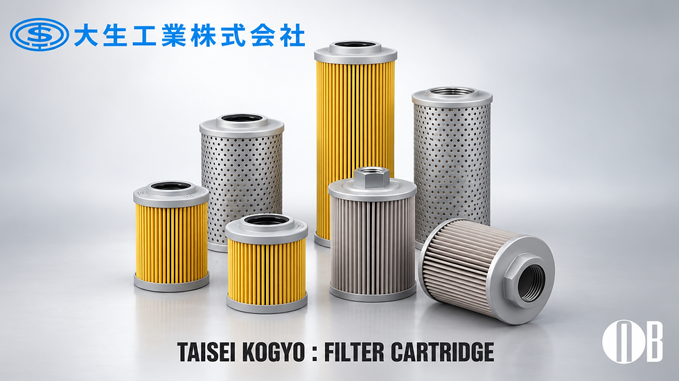 Assorted Taisei Kogyo industrial filter cartridges with pleated media and metal end caps displayed on neutral background