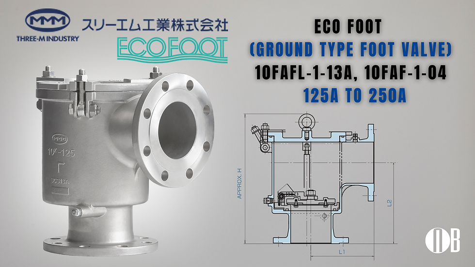 Gray industrial valve with a metallic rim on a white background. Technical drawing, Japanese text, and "ECO FOOT" labeling in blue and black.