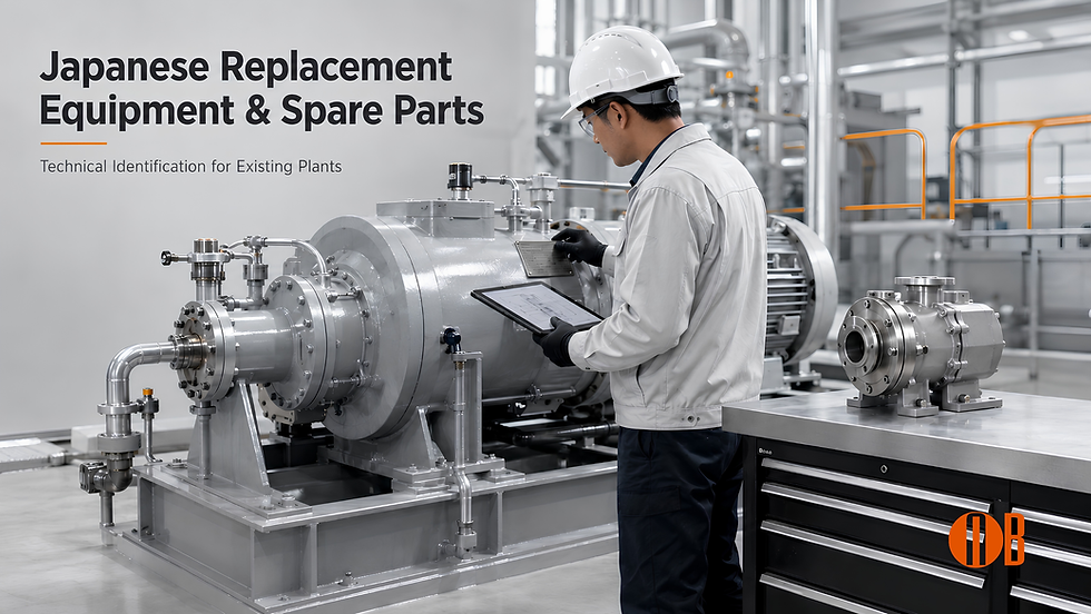 Engineer in hard hat inspects large industrial machine with tablet in a clean factory; text reads Japanese Replacement Equipment & Spare Parts