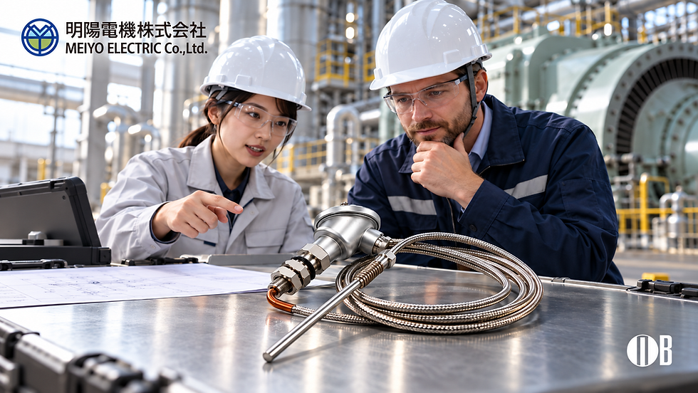 Two engineers in hard hats inspect a coiled sensor on a metal table in an industrial plant; MEIYO ELECTRIC logo shown.