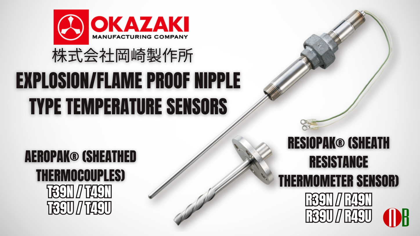 Explosion Flame Proof Nipple Type Temperature Sensors by Okazaki Manufacturing: Featuring Aeropak® Sheathed Thermocouples and Resiopak® Sheath Resistance Thermometer Sensors for enhanced safety and precision.