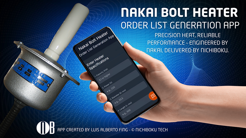 Hand holding smartphone with Nakai Bolt Heater app, beside a bolt heater. Blue digital background with app text. Technical mood.