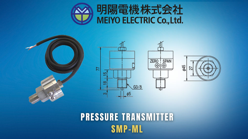 Pressure transmitter SMP-ML with cable on blue background; includes technical diagrams. Meiyo Electric Co., Ltd. logo and text visible.