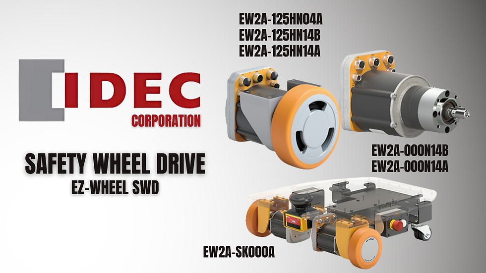 IDEC Safety Wheel Drive ad features wheel models in gray and yellow with product codes. Background is gray gradient. Text: EZ-WHEEL SWD.