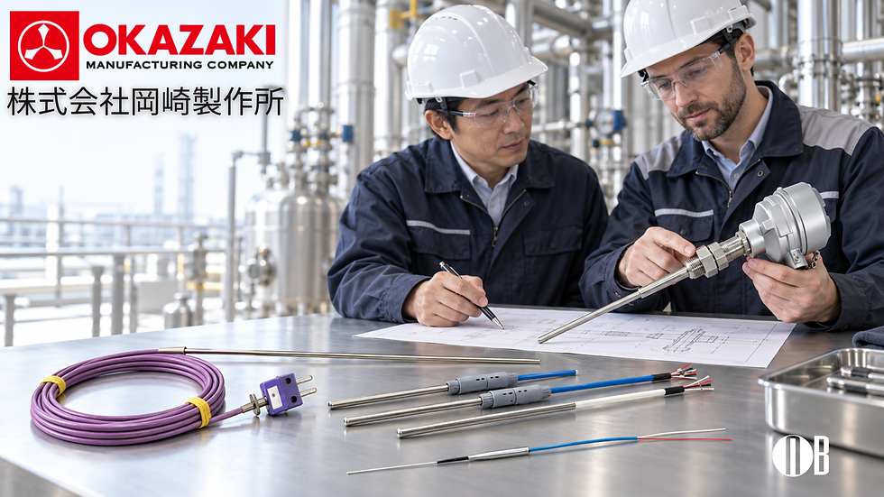 Japanese and European engineers evaluating Okazaki industrial thermocouples, RTD sensors,